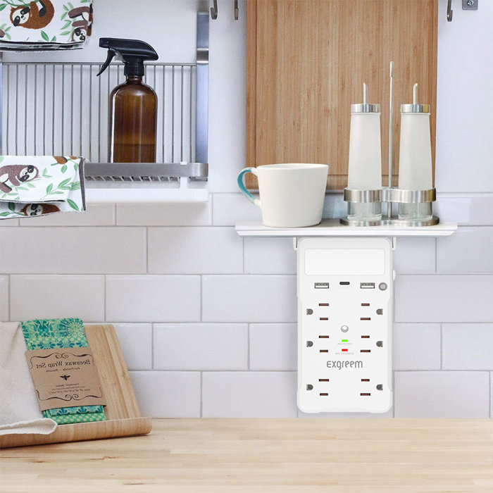 Exgreem Wall Outlet Shelf Outlet With Usbc Charger And Nightlight 6 Outlet Wall Plug, 1200j